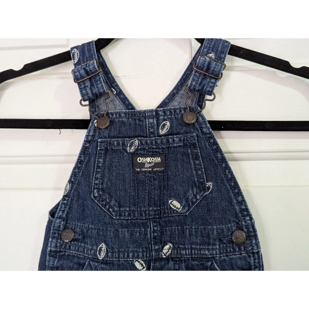 VTG OshKosh Bgosh Jean Overalls 12 Months Embroidered Footballs Blue Denim Logo